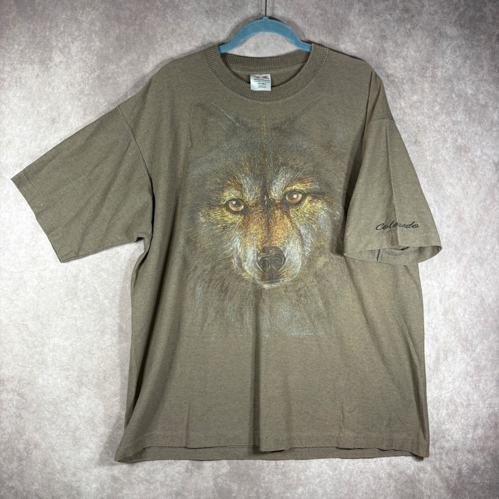 Vintage Hazelwoods T-Shirt Men XXL Brown Wolf Colorado Nature Graphic USA Forest